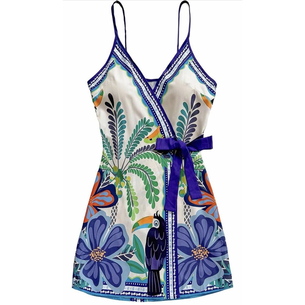 SOLY HUX Women's Tropical Print Mini Dress Summer Wrap V Neck Blue Floral S